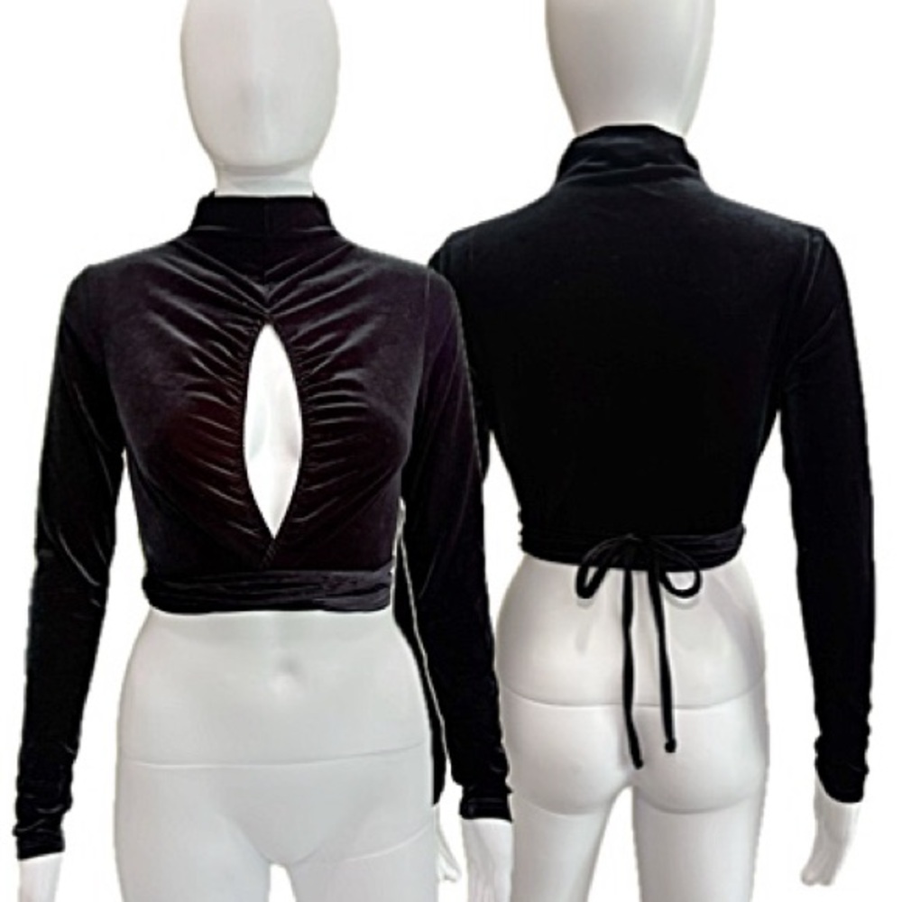 Open Edit Black Velour Mock Neck Long Sleeve Top Size XS Peekaboo Keyhole Tie